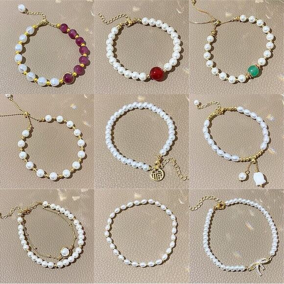 Blue Floral Elegant Silver Bead Chain Geometric Alloy Faux Pearls Bracelets Boho - Picture 4 of 5